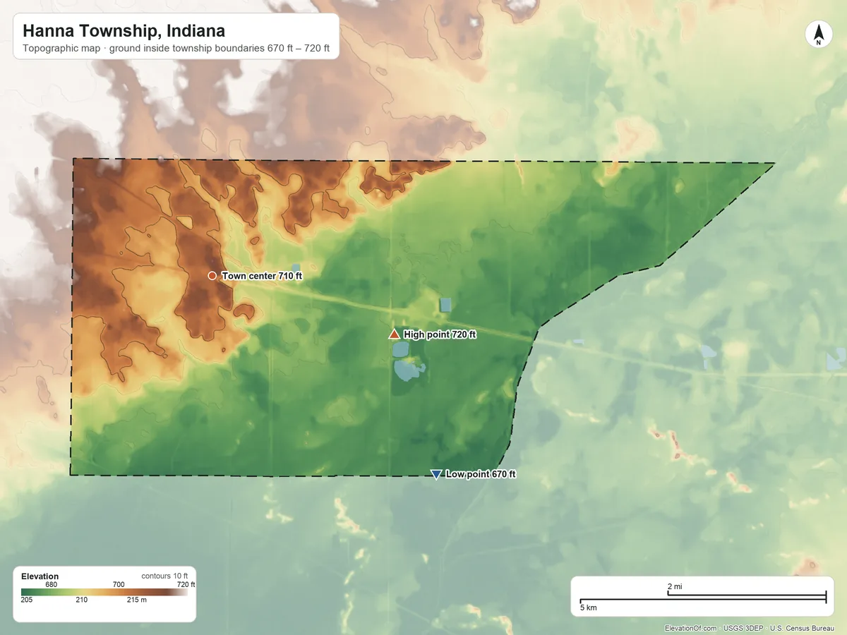 Topographic elevation map of Hanna Township, Indiana, shaded from 670 ft on the southeast side to 720 ft on the east side
