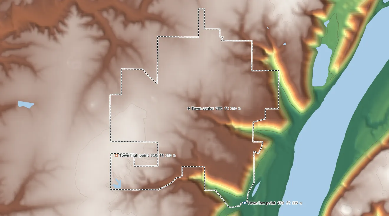 Topographic elevation map of Hanover, Indiana, shaded from 450 ft on the southeast side to 810 ft on the southwest side