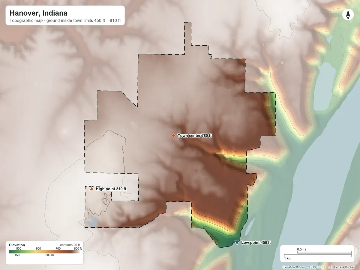 Topographic elevation map of Hanover, Indiana, shaded from 450 ft on the southeast side to 810 ft on the southwest side