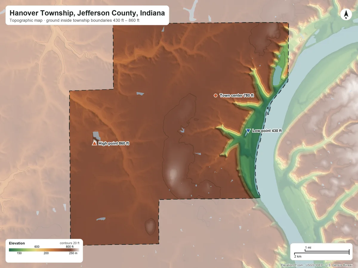 Topographic elevation map of Hanover Township, Jefferson County, Indiana, shaded from 430 ft on the southeast side to 860 ft on the west side