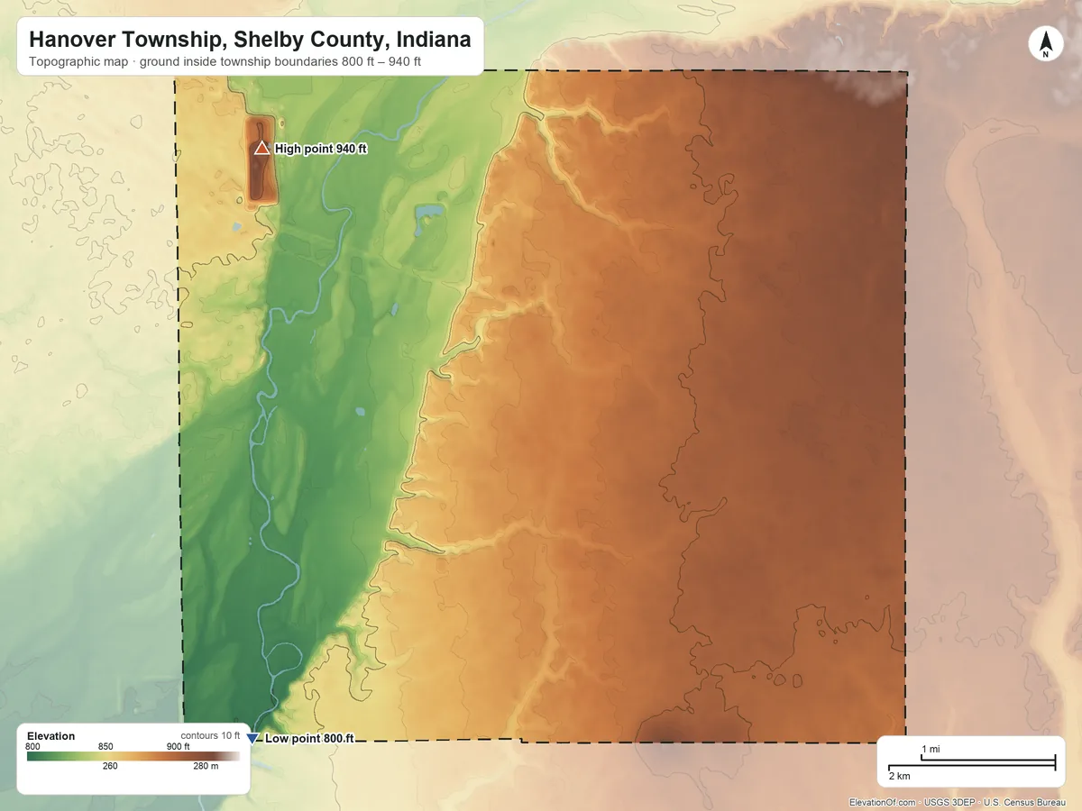 Topographic elevation map of Hanover Township, Shelby County, Indiana, shaded from 800 ft on the southwest side to 940 ft on the northwest side