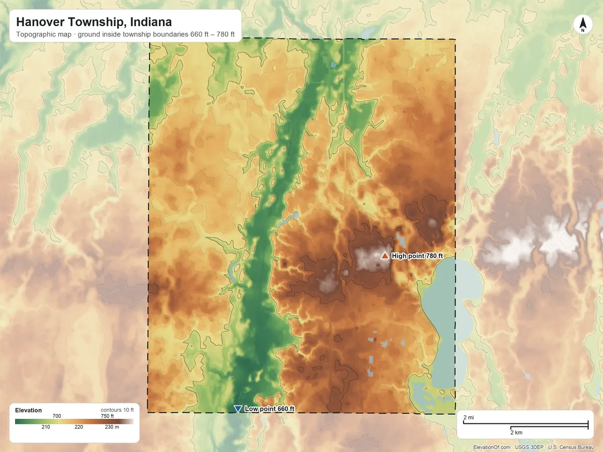 Topographic elevation map of Hanover Township, Indiana, shaded from 660 ft on the southwest side to 780 ft on the southeast side