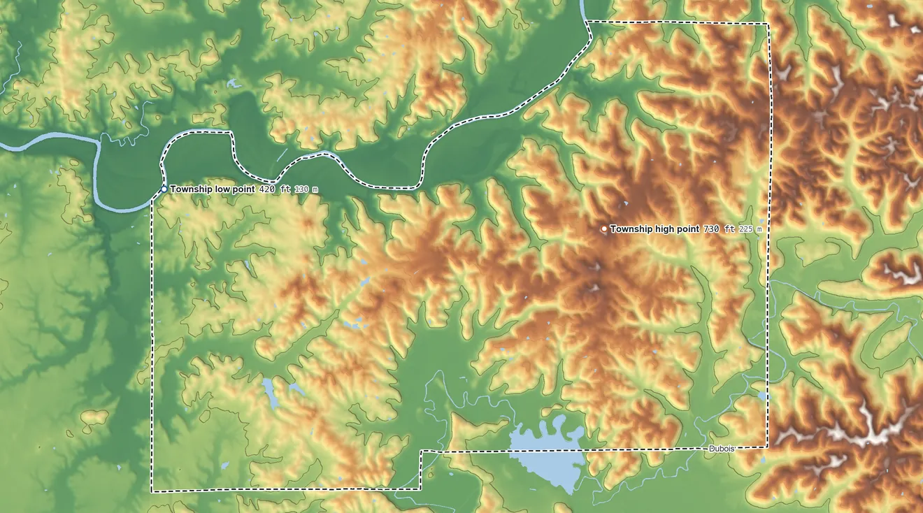 Topographic elevation map of Harbison Township, Indiana, shaded from 420 ft on the west side to 730 ft on the northeast side