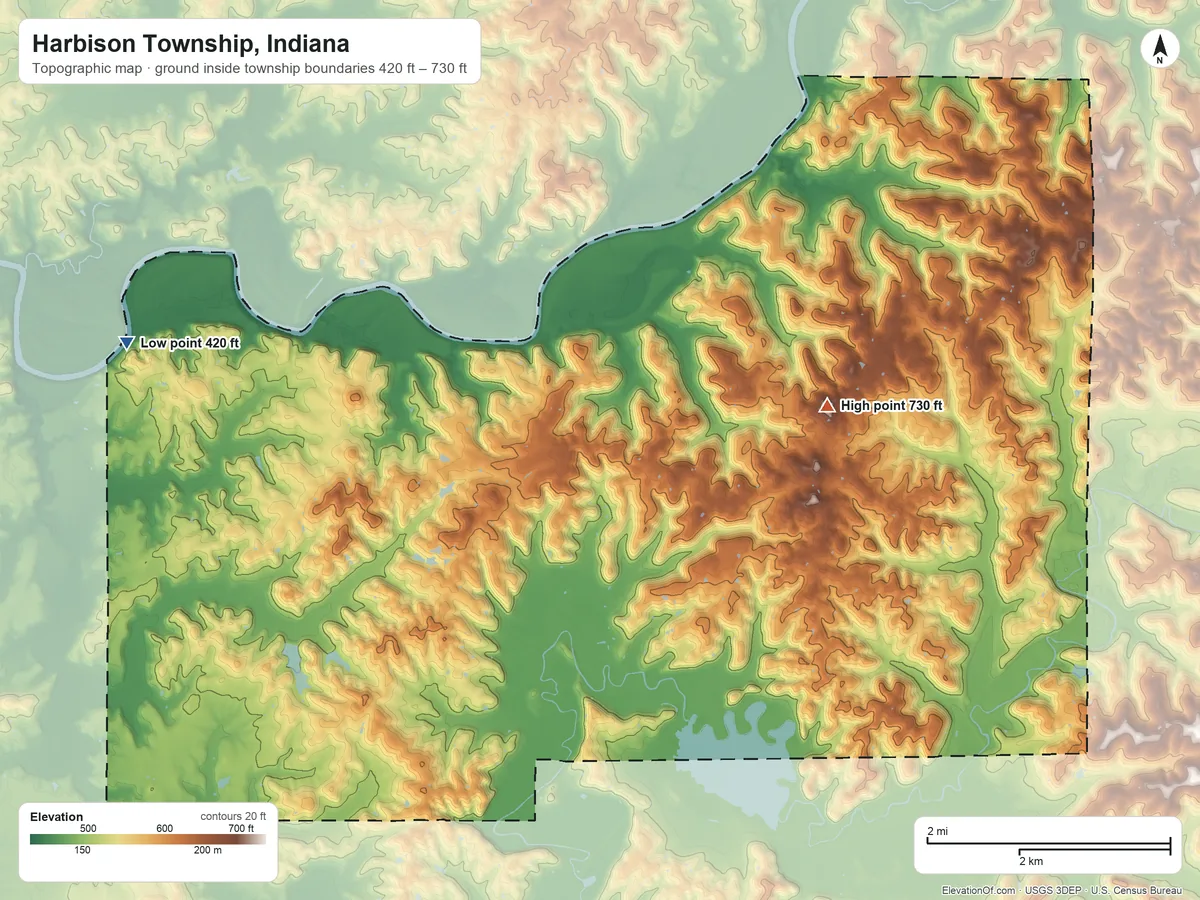Topographic elevation map of Harbison Township, Indiana, shaded from 420 ft on the west side to 730 ft on the northeast side