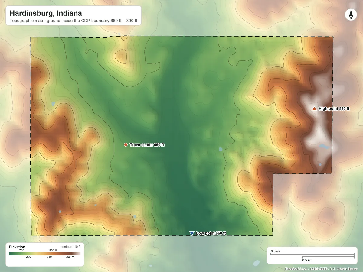 Topographic elevation map of Hardinsburg, Indiana, shaded from 660 ft on the southeast side to 890 ft on the east side