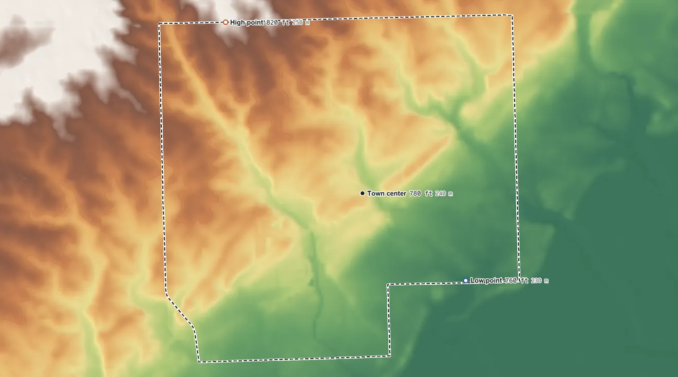 Topographic elevation map of Harlan, Indiana, shaded from 760 ft on the southeast side to 820 ft on the northwest side