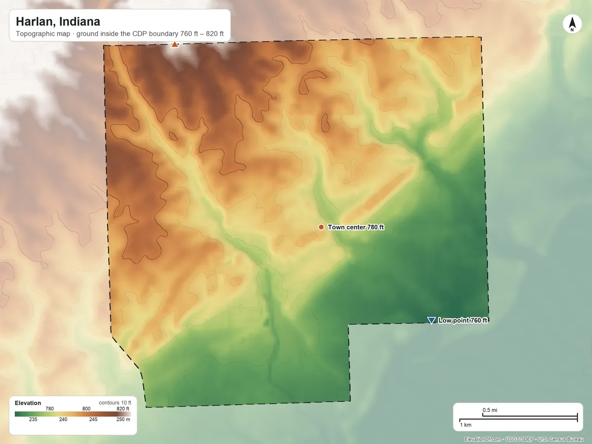 Topographic elevation map of Harlan, Indiana, shaded from 760 ft on the southeast side to 820 ft on the northwest side