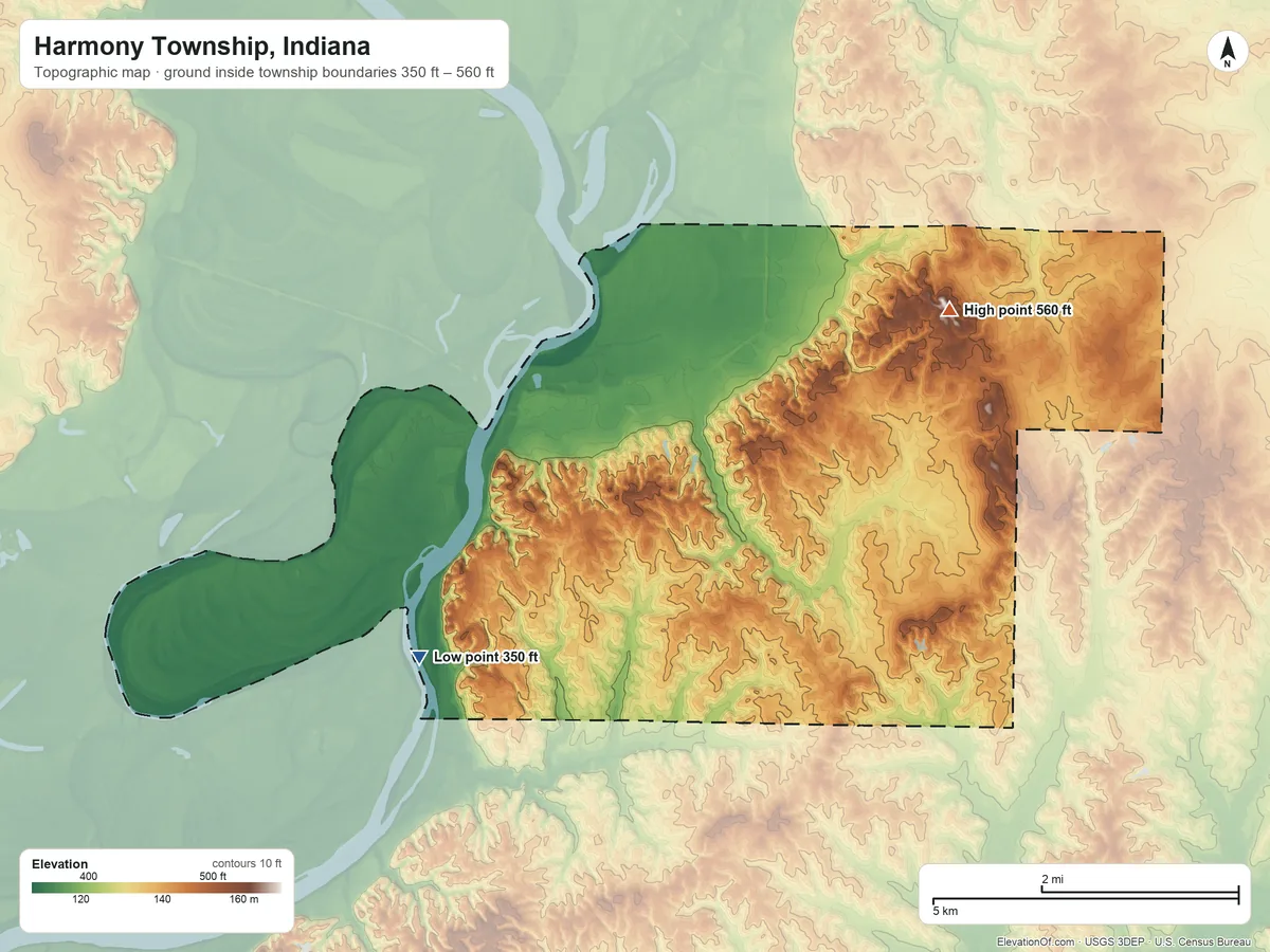 Topographic elevation map of Harmony Township, Indiana, shaded from 350 ft on the southwest side to 560 ft on the east side