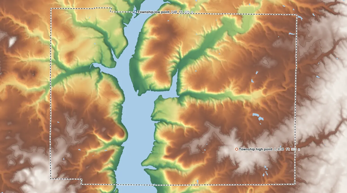 Topographic elevation map of Harmony Township, Union County, Indiana, shaded from 740 ft on the northwest side to 1,030 ft on the east side