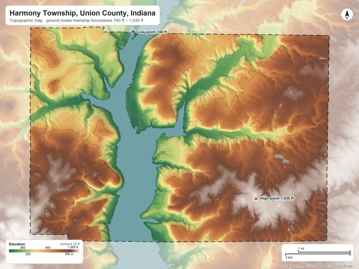 Topographic elevation map of Harmony Township, Union County, Indiana, shaded from 740 ft on the northwest side to 1,030 ft on the east side