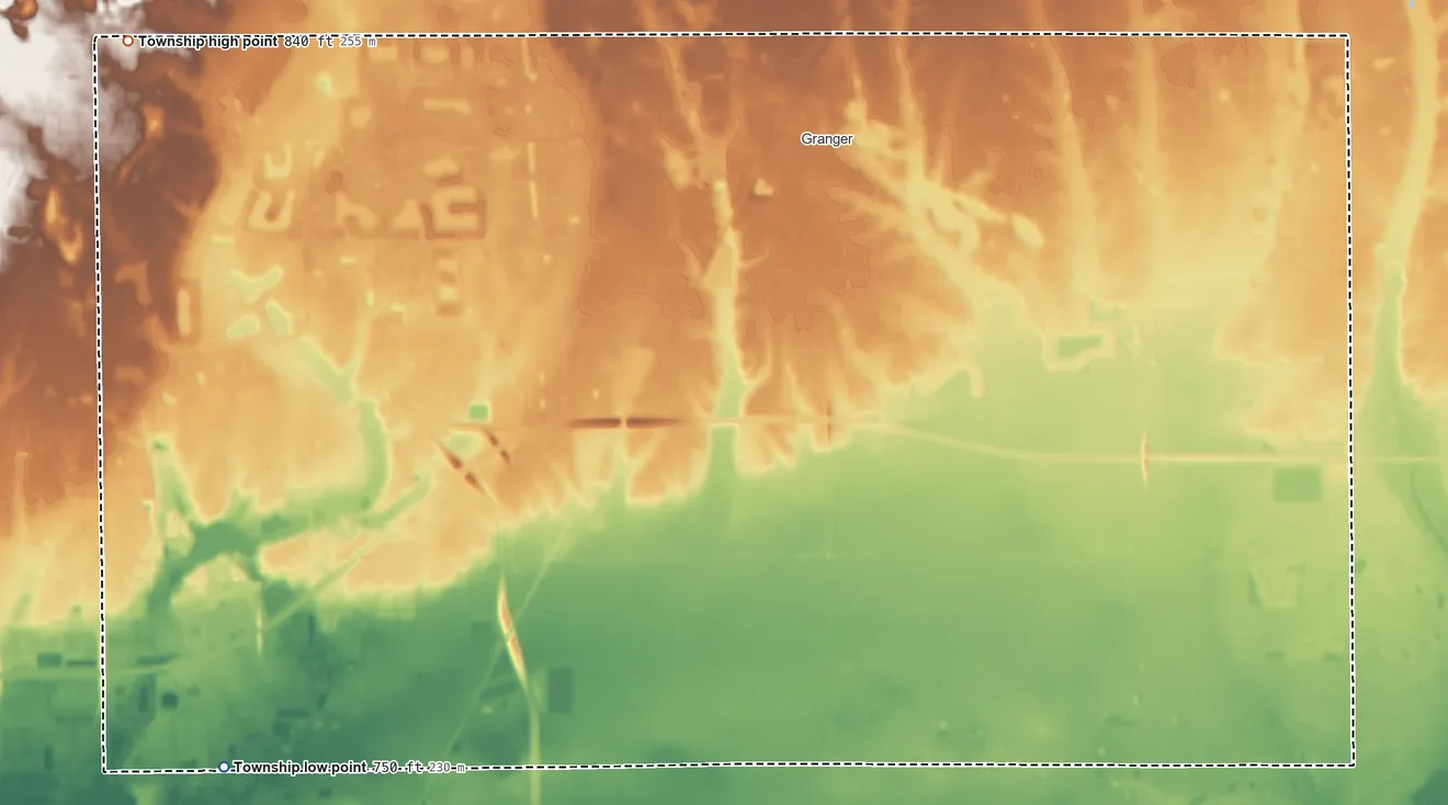 Topographic elevation map of Harris Township, Indiana, shaded from 750 ft on the southwest side to 840 ft on the northwest side