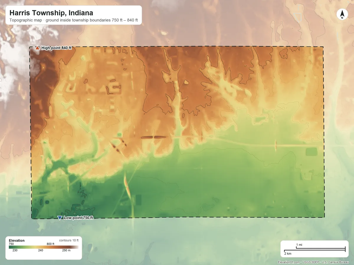 Topographic elevation map of Harris Township, Indiana, shaded from 750 ft on the southwest side to 840 ft on the northwest side