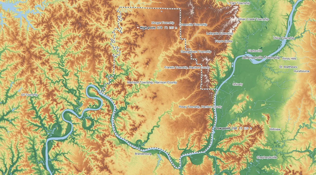 Topographic elevation map of Harrison County, Indiana, shaded from 390 ft on the southeast side to 970 ft on the north side