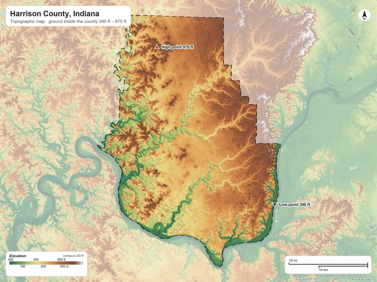 Topographic elevation map of Harrison County, Indiana, shaded from 390 ft on the southeast side to 970 ft on the north side