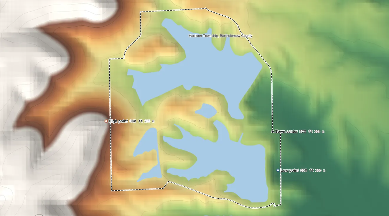 Topographic elevation map of Harrison Lake, Indiana, shaded from 650 ft on the south side to 840 ft on the west side