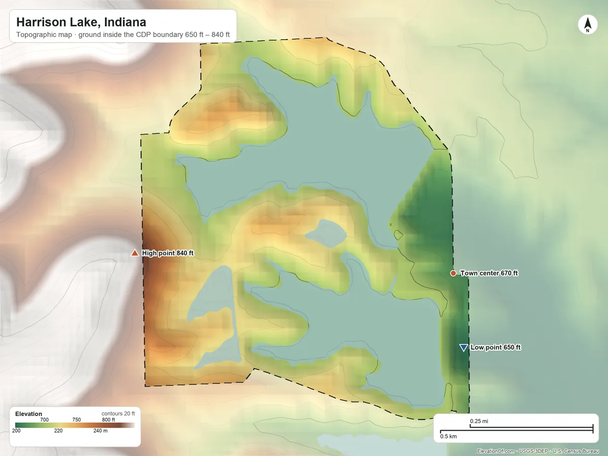 Topographic elevation map of Harrison Lake, Indiana, shaded from 650 ft on the south side to 840 ft on the west side