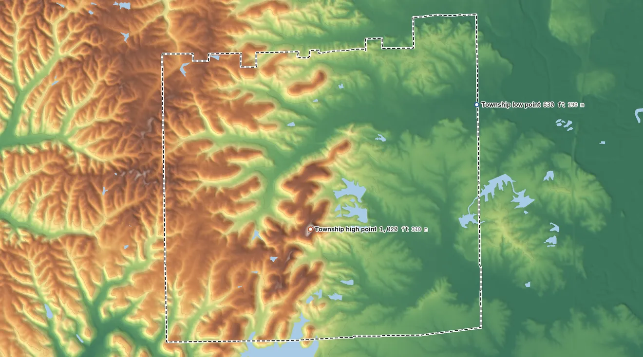 Topographic elevation map of Harrison Township, Bartholomew County, Indiana, shaded from 630 ft on the northeast side to 1,020 ft on Taylor Hill