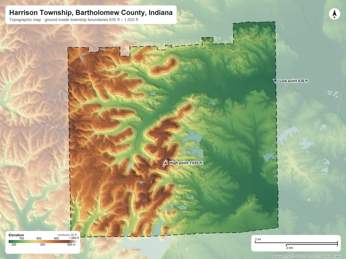 Topographic elevation map of Harrison Township, Bartholomew County, Indiana, shaded from 630 ft on the northeast side to 1,020 ft on Taylor Hill