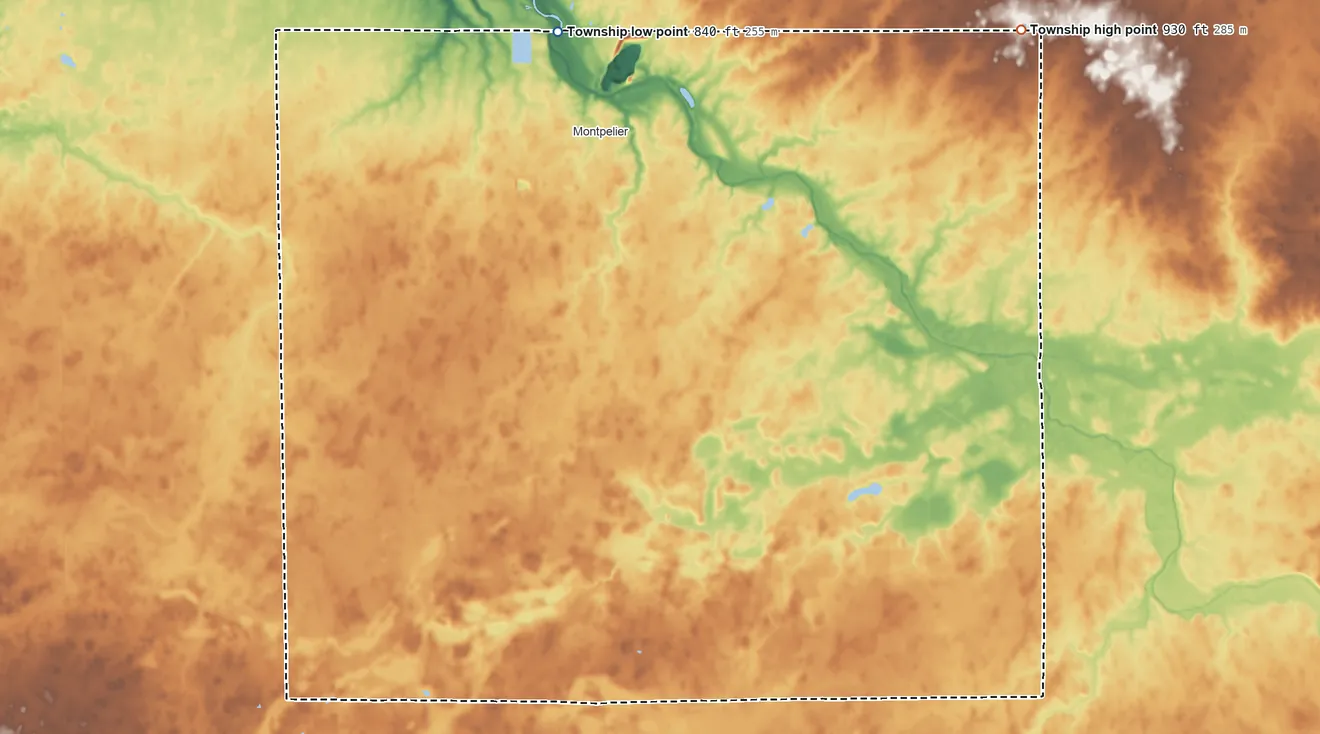 Topographic elevation map of Harrison Township, Blackford County, Indiana, shaded from 840 ft on the north side to 930 ft on the northeast side