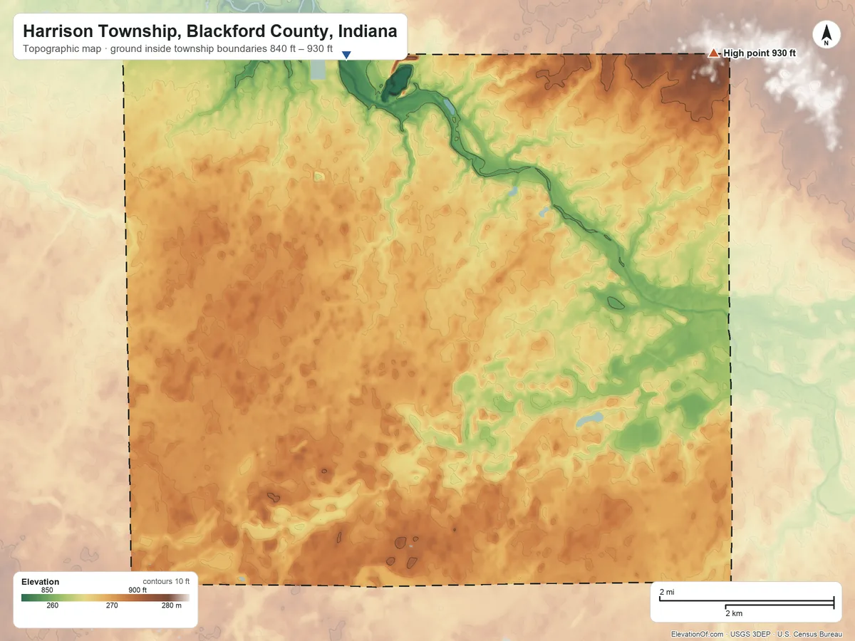 Topographic elevation map of Harrison Township, Blackford County, Indiana, shaded from 840 ft on the north side to 930 ft on the northeast side