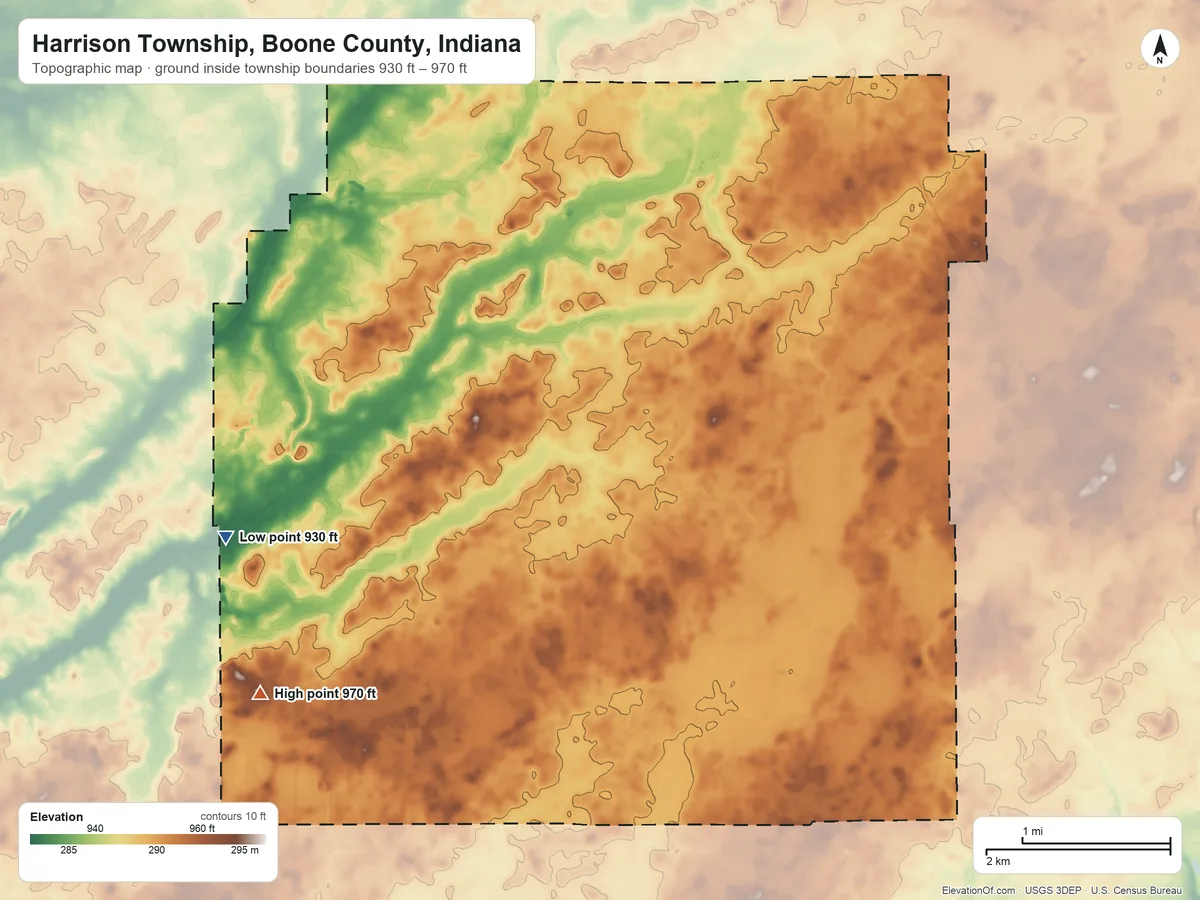 Topographic elevation map of Harrison Township, Boone County, Indiana, shaded from 930 ft on the west side to 970 ft on the southwest side
