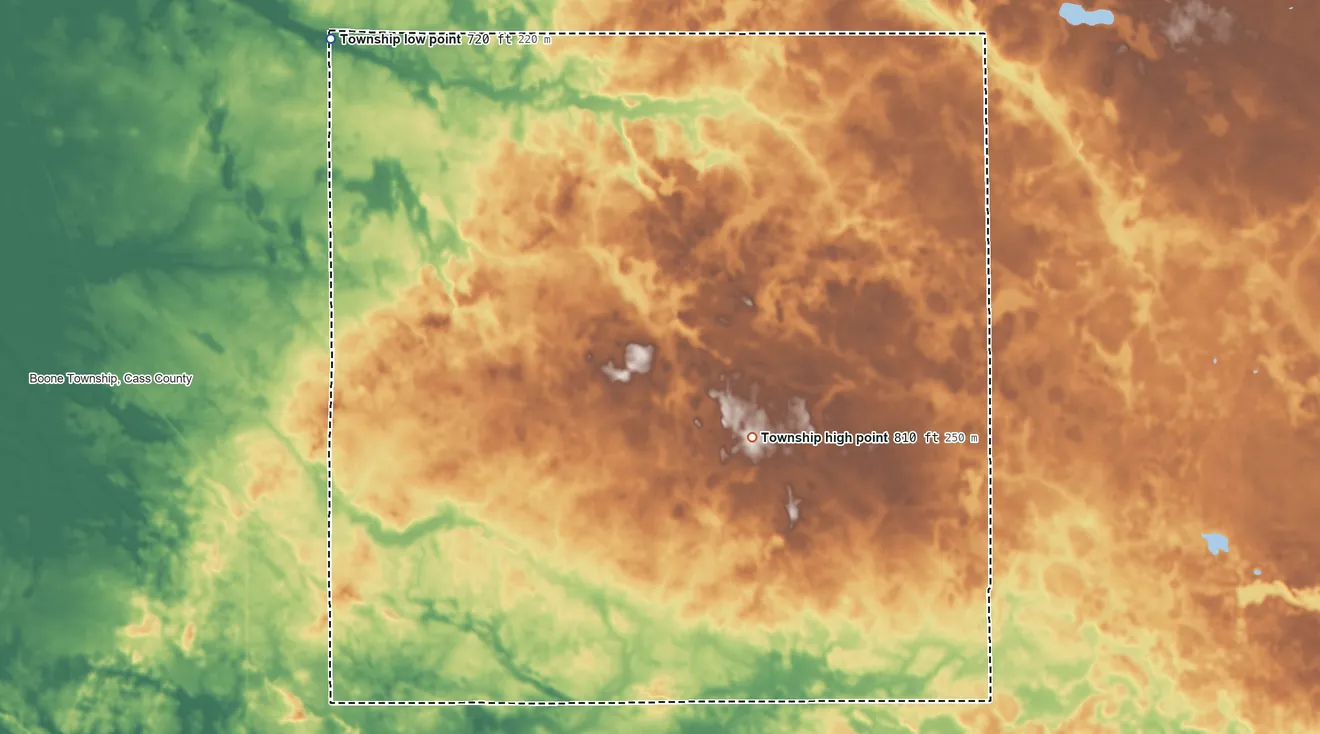 Topographic elevation map of Harrison Township, Cass County, Indiana, shaded from 720 ft on the northwest side to 810 ft near the middle