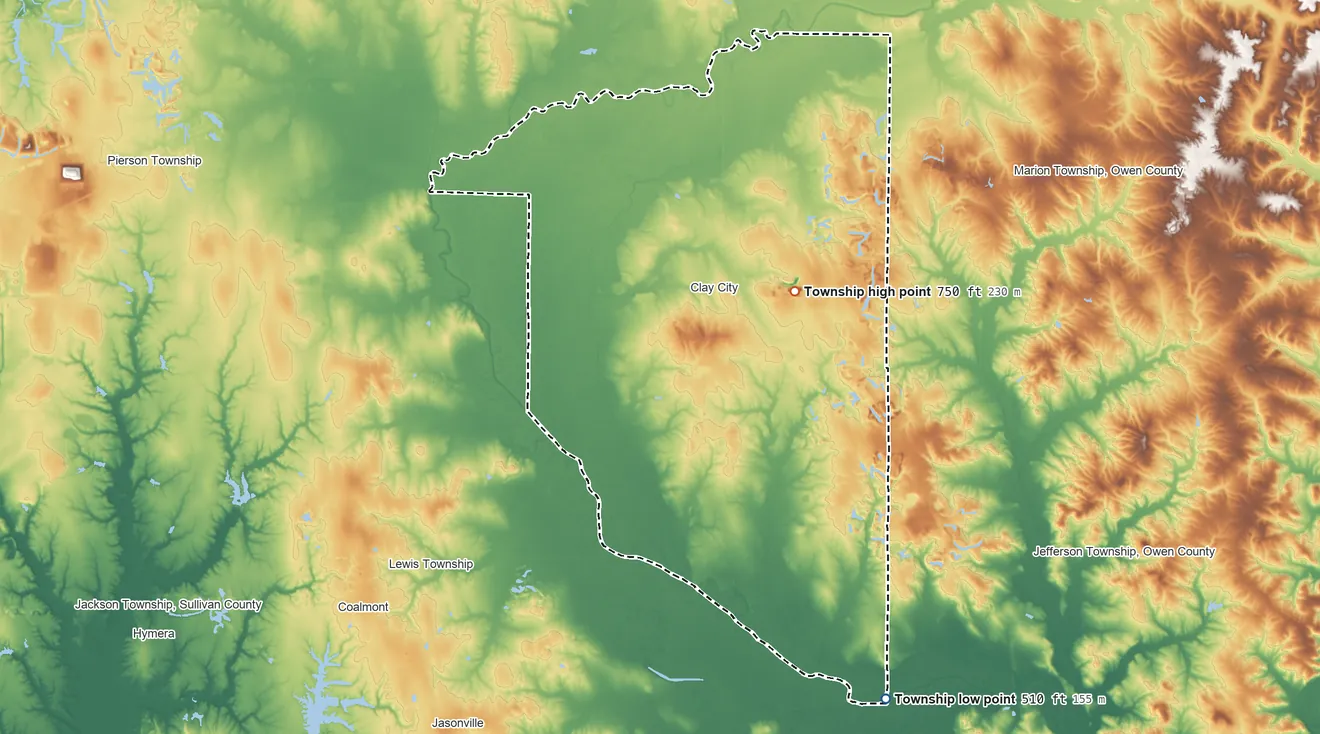 Topographic elevation map of Harrison Township, Clay County, Indiana, shaded from 510 ft on the south side to 750 ft near the middle