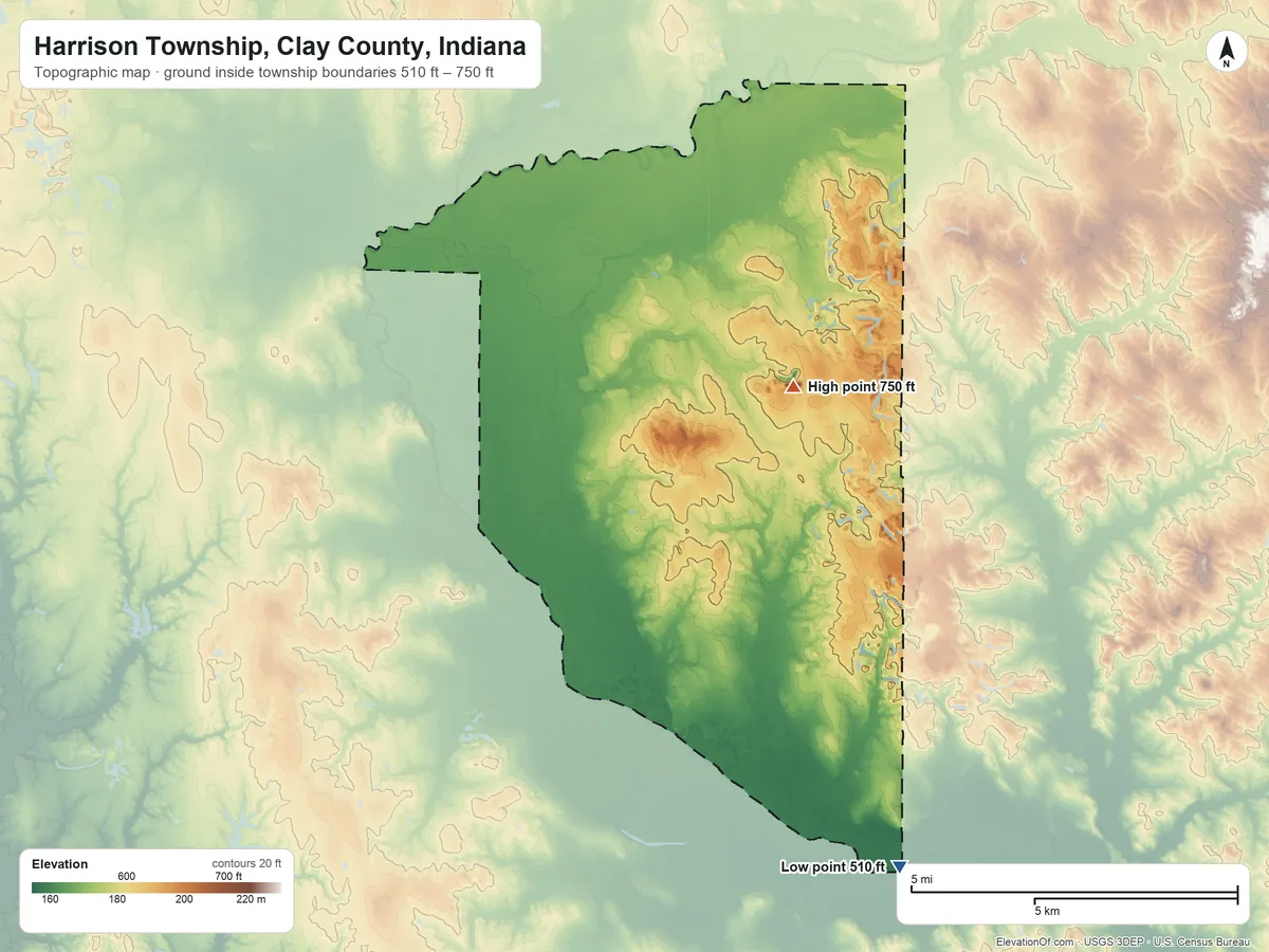 Topographic elevation map of Harrison Township, Clay County, Indiana, shaded from 510 ft on the south side to 750 ft near the middle