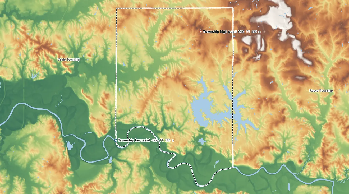 Topographic elevation map of Harrison Township, Daviess County, Indiana, shaded from 420 ft on the southwest side to 610 ft on the northeast side