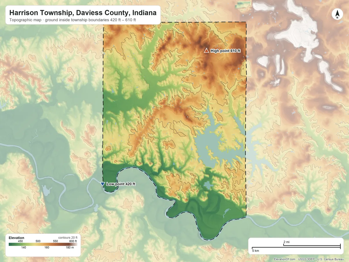 Topographic elevation map of Harrison Township, Daviess County, Indiana, shaded from 420 ft on the southwest side to 610 ft on the northeast side