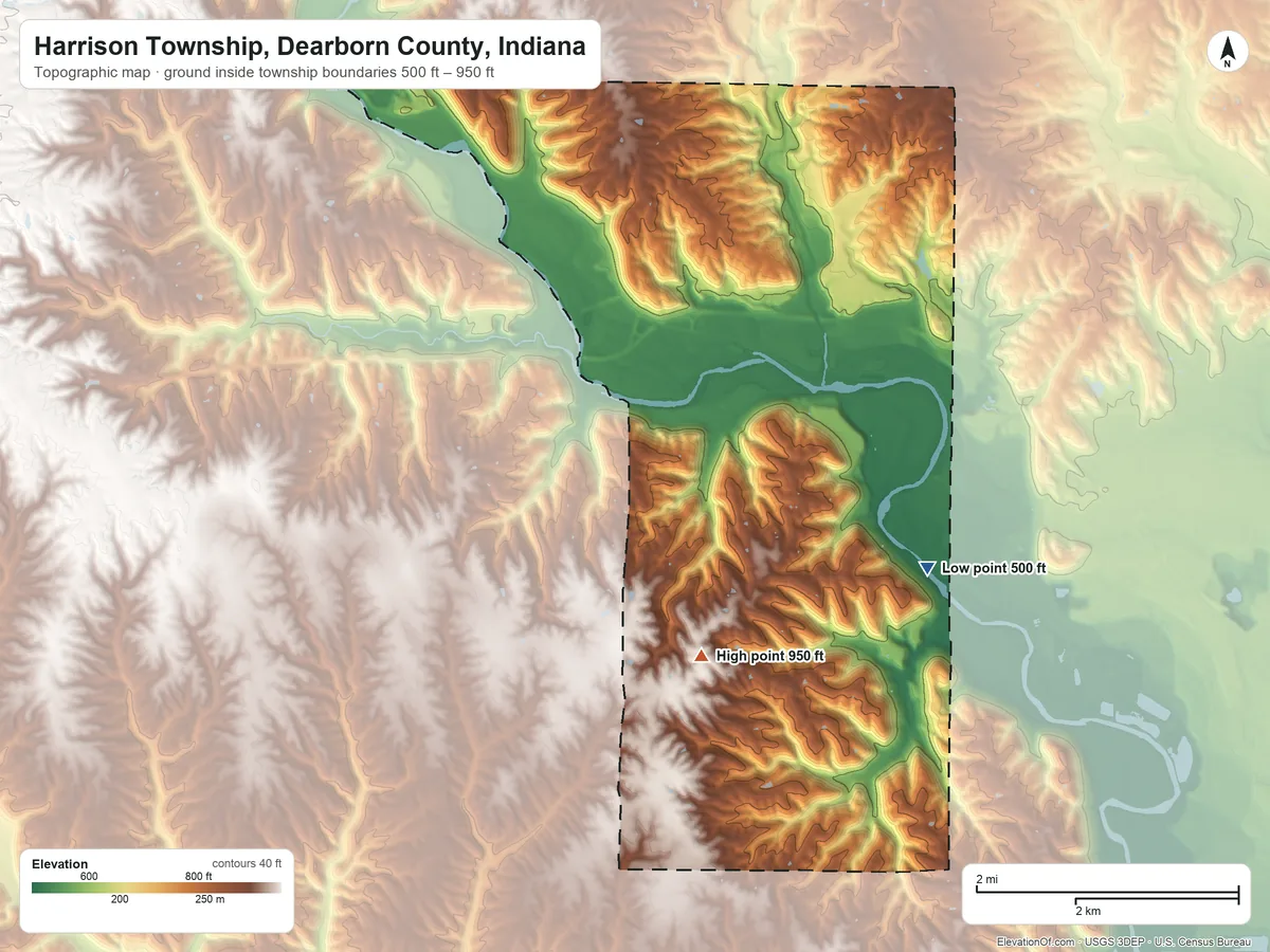 Topographic elevation map of Harrison Township, Dearborn County, Indiana, shaded from 500 ft on the east side to 950 ft on Harrison Hill