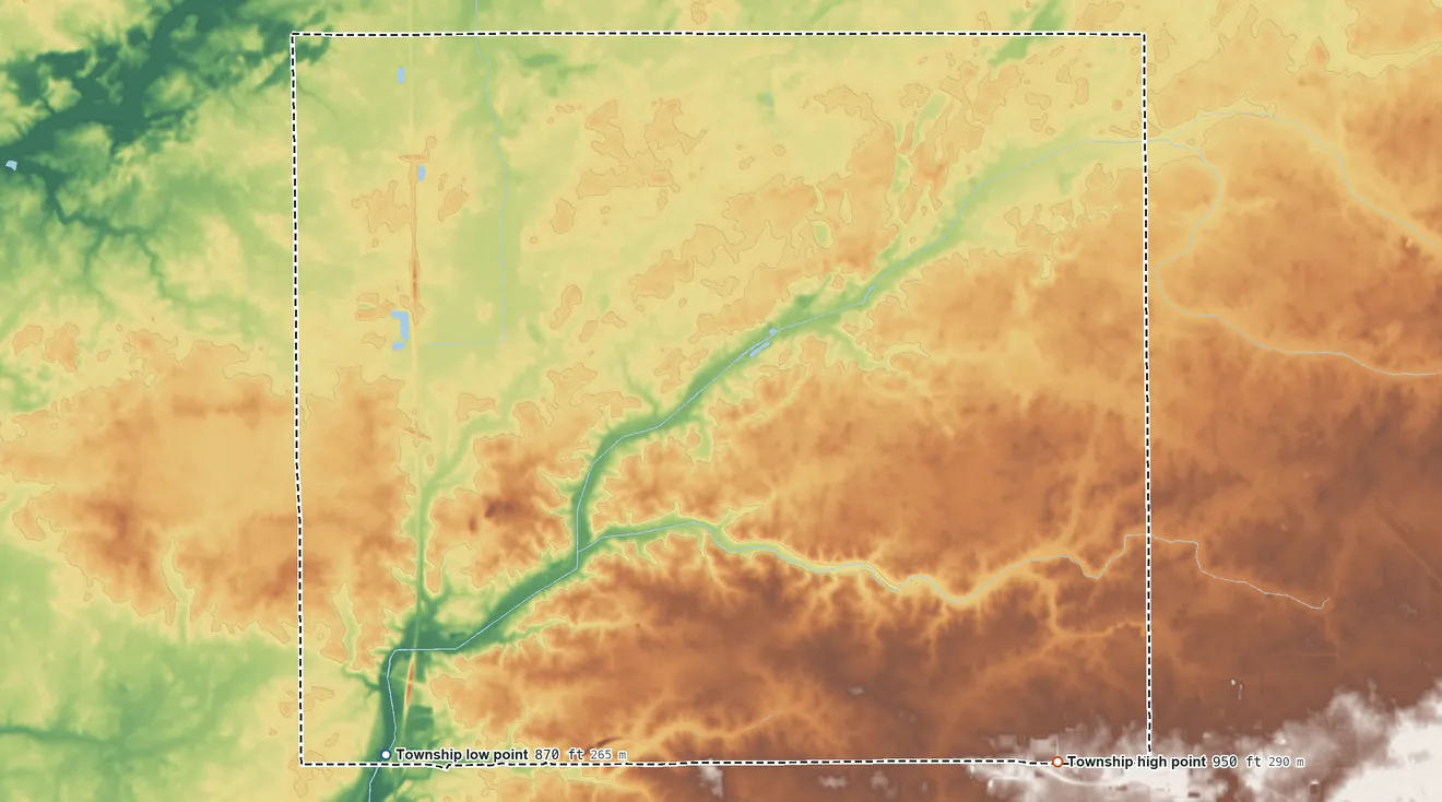 Topographic elevation map of Harrison Township, Delaware County, Indiana, shaded from 870 ft on the southwest side to 950 ft on the southeast side