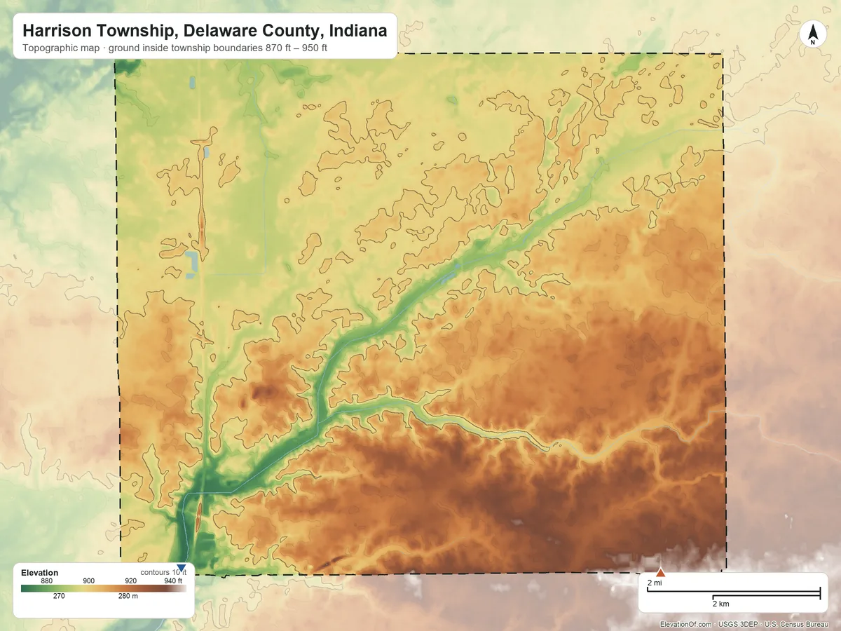 Topographic elevation map of Harrison Township, Delaware County, Indiana, shaded from 870 ft on the southwest side to 950 ft on the southeast side