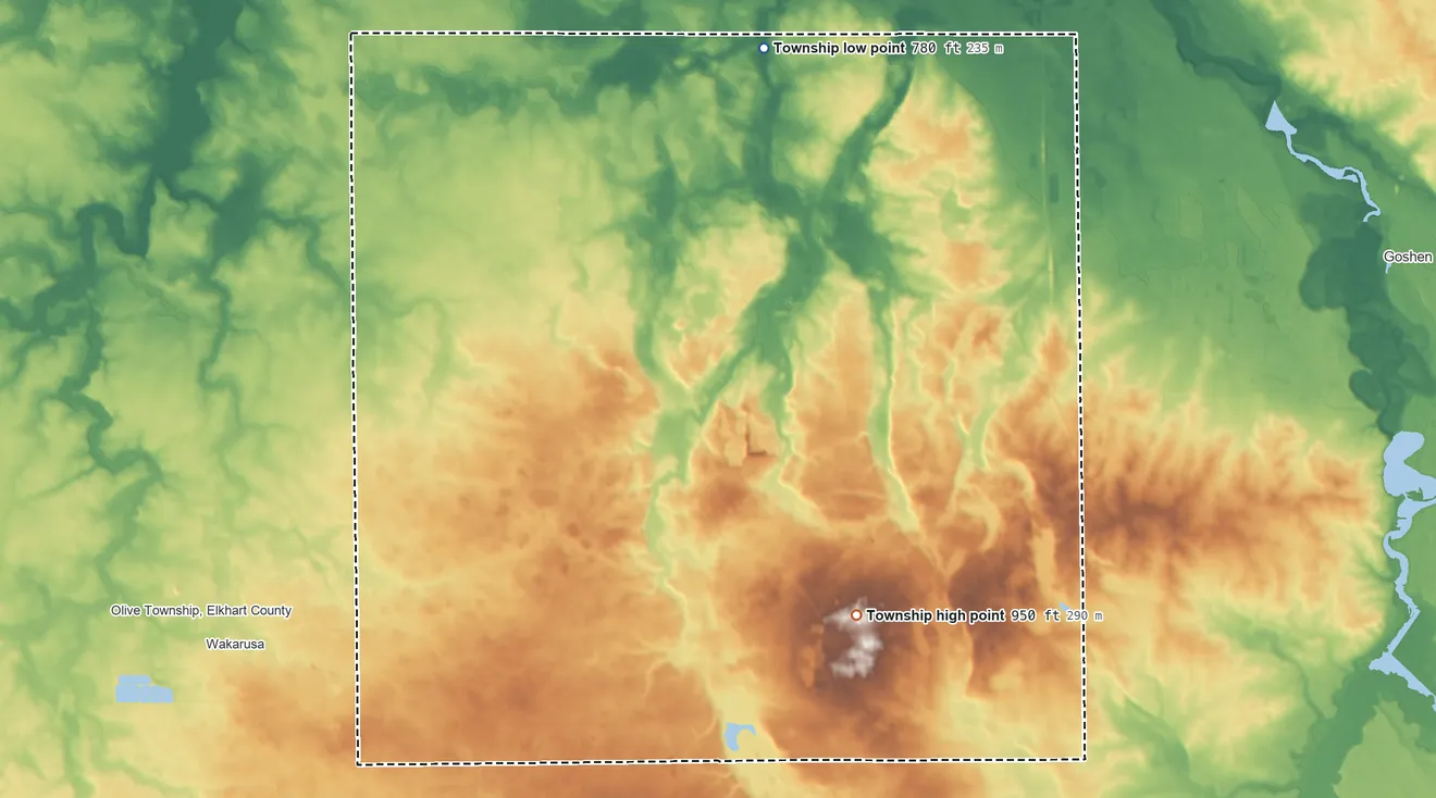 Topographic elevation map of Harrison Township, Elkhart County, Indiana, shaded from 780 ft on the north side to 950 ft on the south side