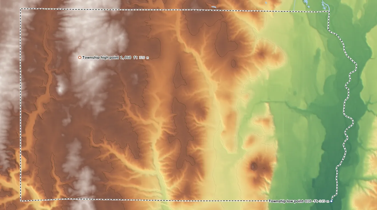 Topographic elevation map of Harrison Township, Fayette County, Indiana, shaded from 810 ft on the southeast side to 1,060 ft on the northwest side