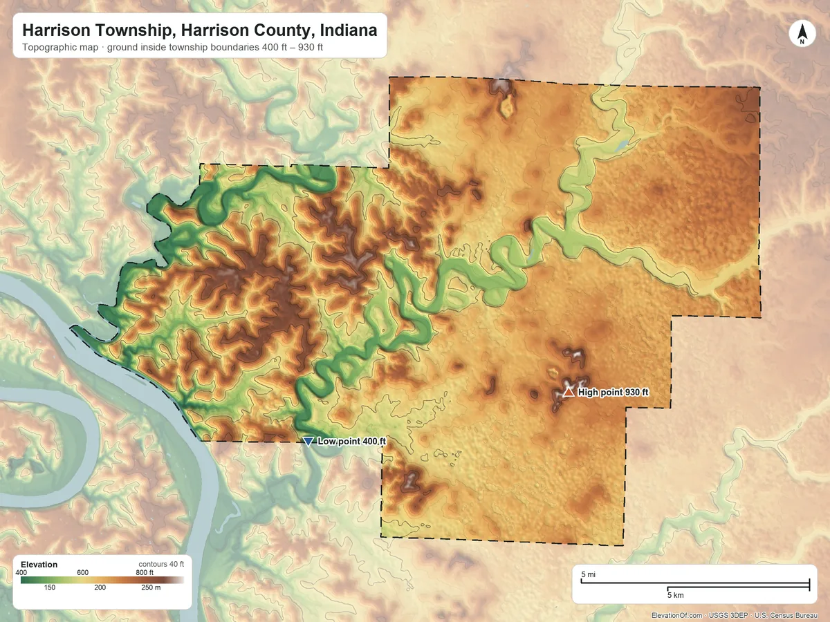 Topographic elevation map of Harrison Township, Harrison County, Indiana, shaded from 400 ft on the southwest side to 930 ft on the south side