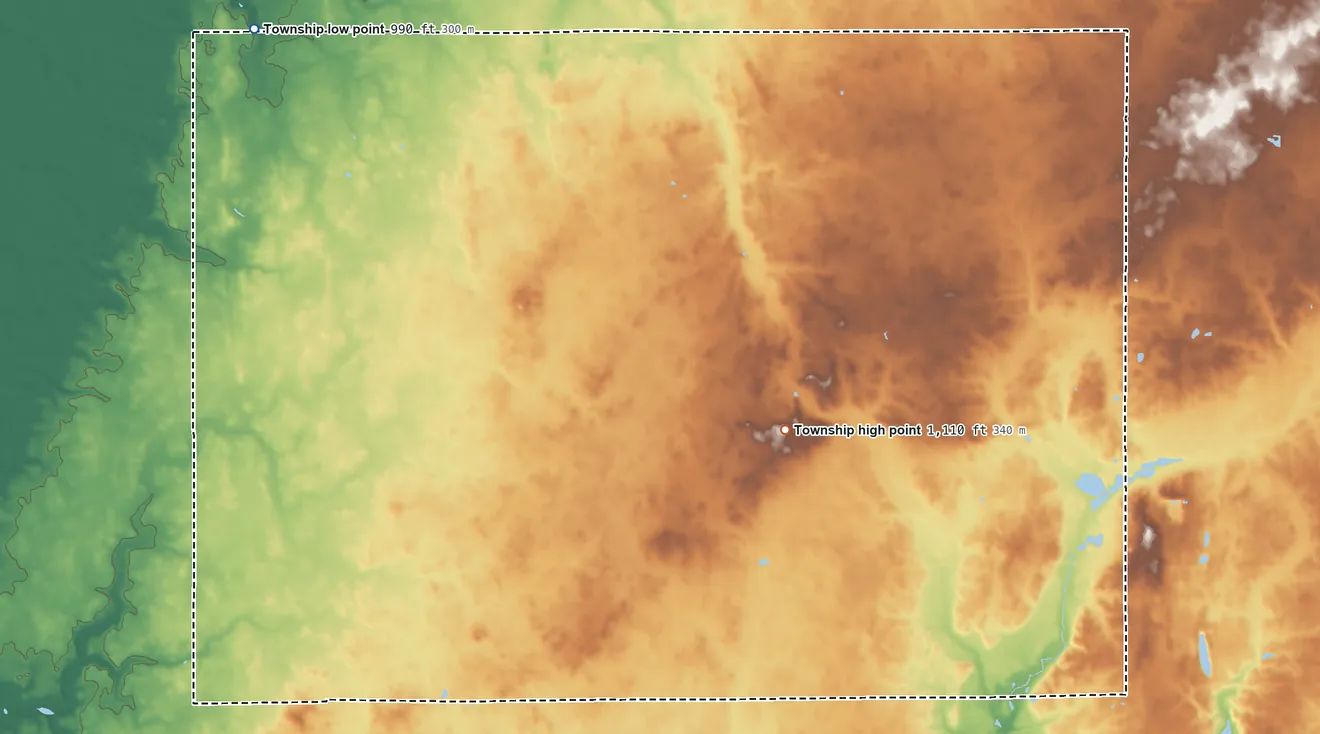 Topographic elevation map of Harrison Township, Henry County, Indiana, shaded from 990 ft on the northwest side to 1,110 ft near the middle