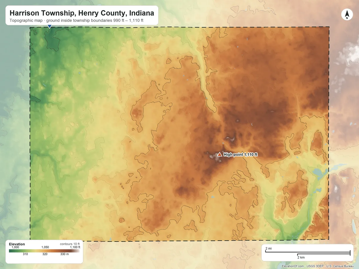 Topographic elevation map of Harrison Township, Henry County, Indiana, shaded from 990 ft on the northwest side to 1,110 ft near the middle