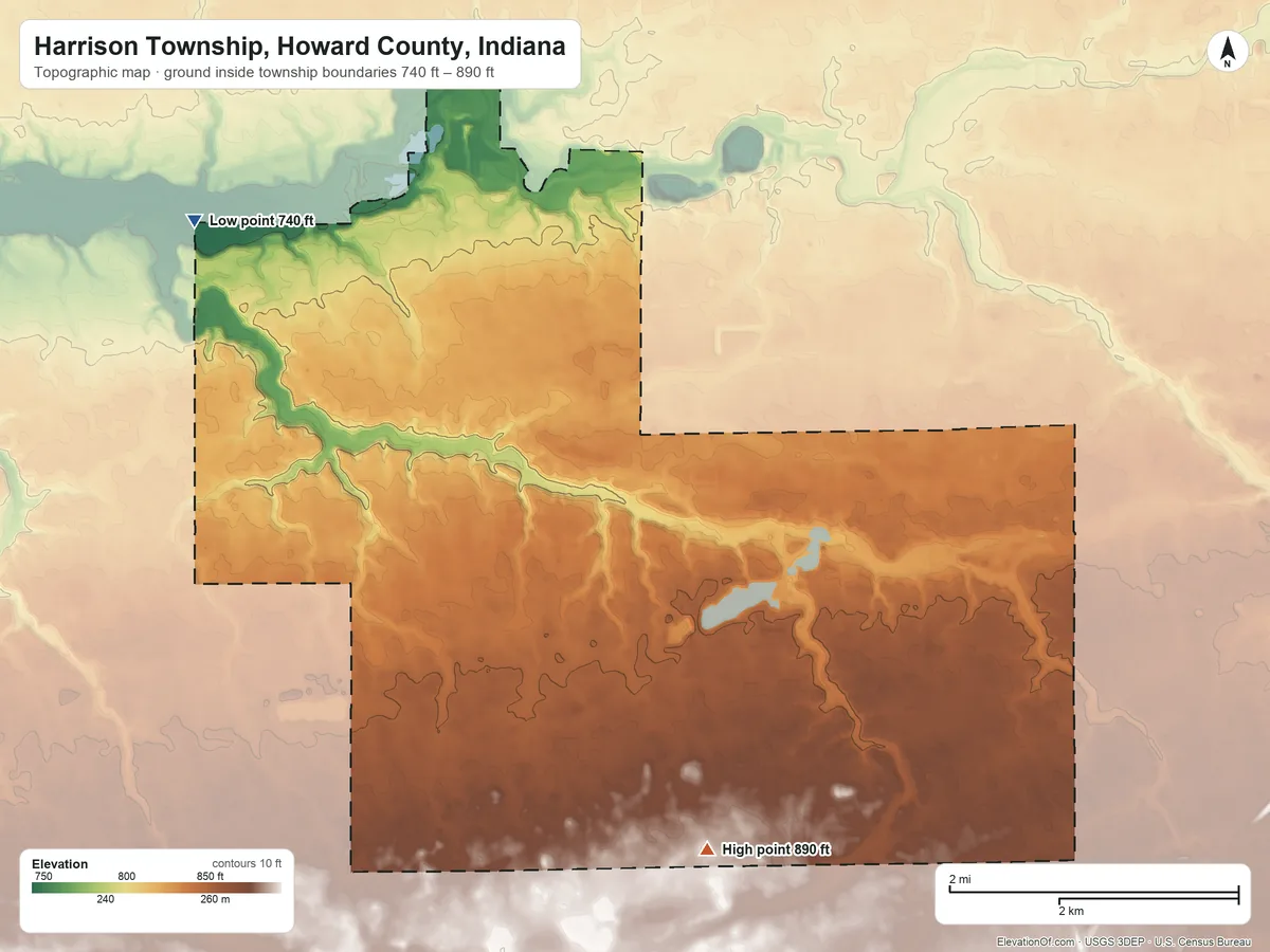 Topographic elevation map of Harrison Township, Howard County, Indiana, shaded from 740 ft on the northwest side to 890 ft on the south side