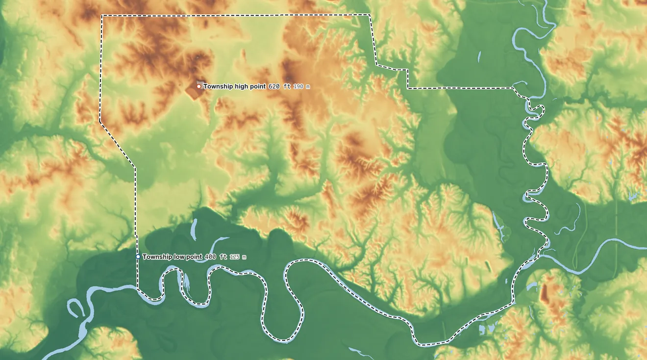 Topographic elevation map of Harrison Township, Knox County, Indiana, shaded from 400 ft on the southwest side to 620 ft on the west side