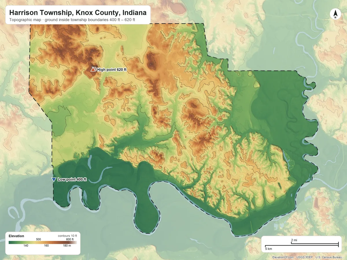 Topographic elevation map of Harrison Township, Knox County, Indiana, shaded from 400 ft on the southwest side to 620 ft on the west side