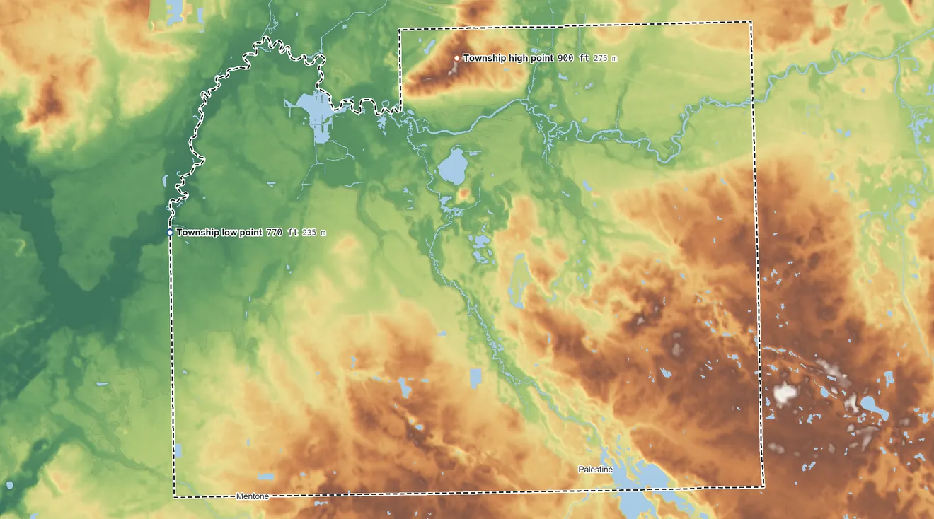 Topographic elevation map of Harrison Township, Kosciusko County, Indiana, shaded from 770 ft on the west side to 900 ft on the north side