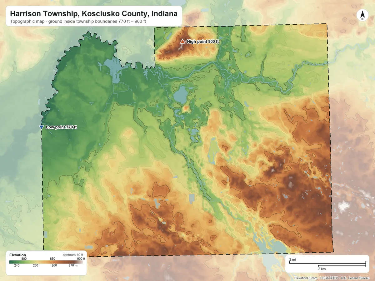Topographic elevation map of Harrison Township, Kosciusko County, Indiana, shaded from 770 ft on the west side to 900 ft on the north side