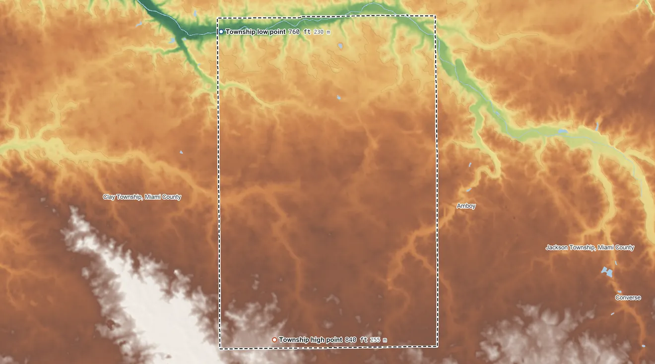 Topographic elevation map of Harrison Township, Miami County, Indiana, shaded from 760 ft on the northwest side to 840 ft on the south side