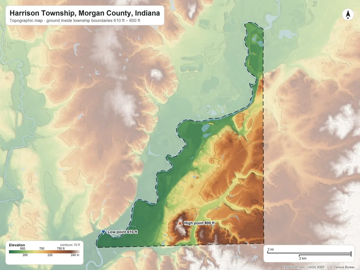Topographic elevation map of Harrison Township, Morgan County, Indiana, shaded from 610 ft on the southwest side to 800 ft on the southwest side
