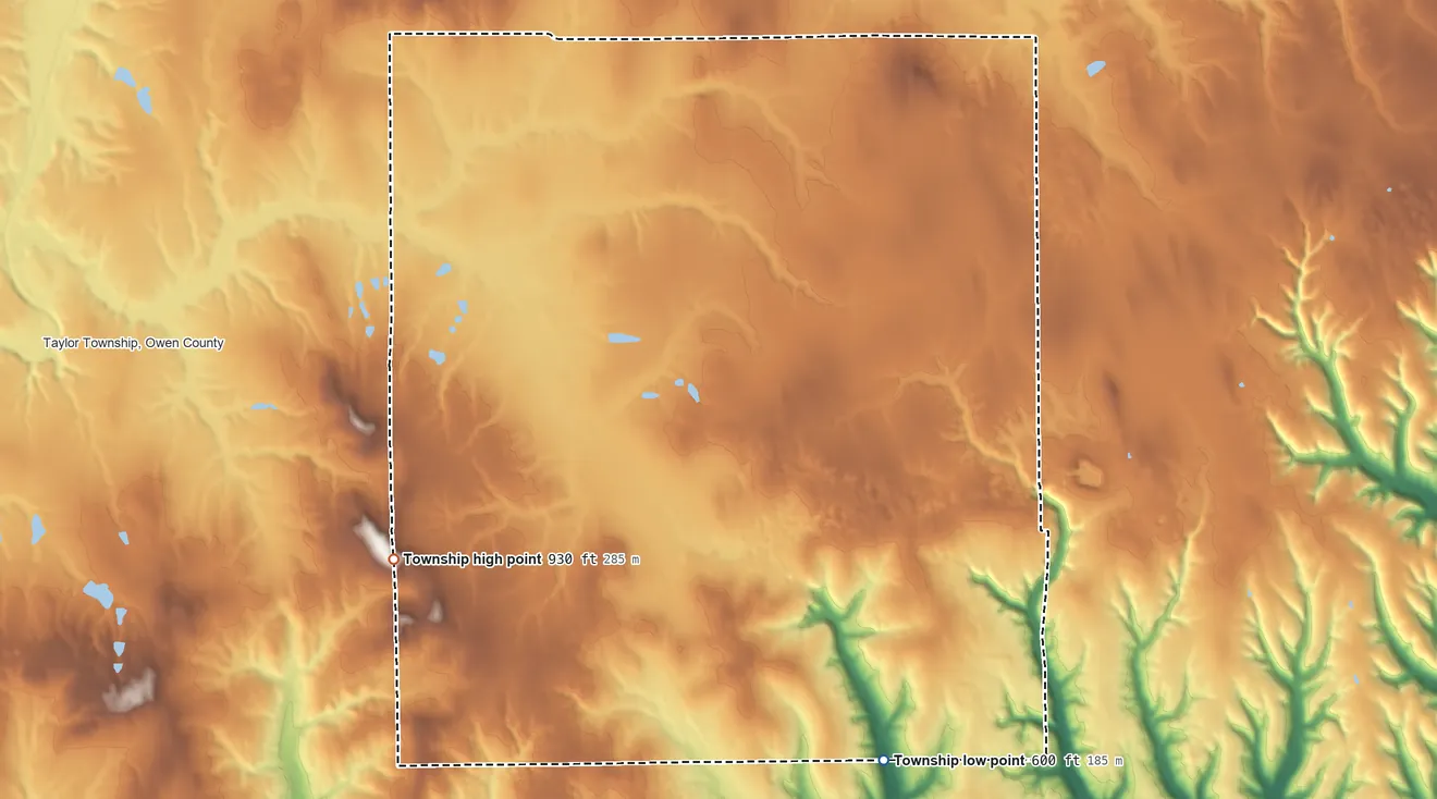 Topographic elevation map of Harrison Township, Owen County, Indiana, shaded from 600 ft on the south side to 930 ft on the west side
