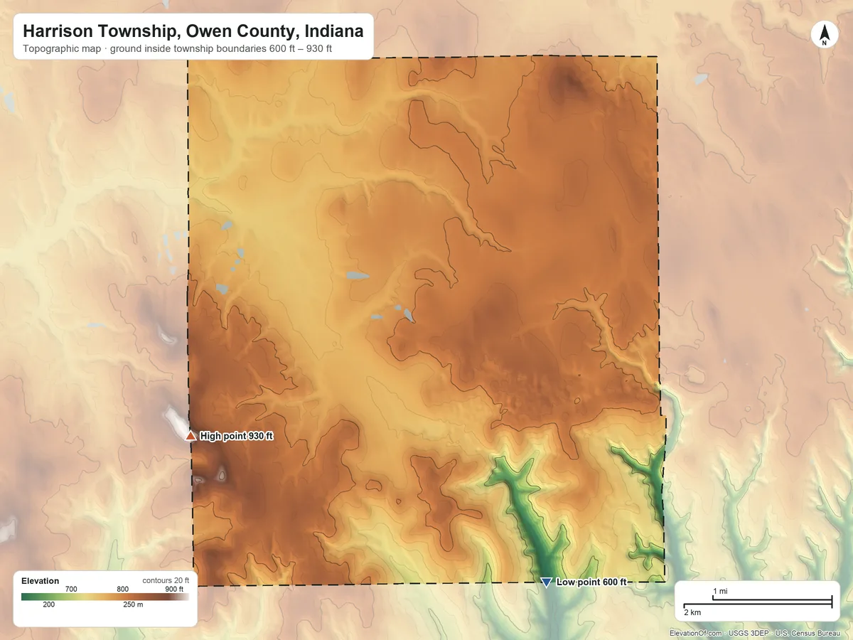 Topographic elevation map of Harrison Township, Owen County, Indiana, shaded from 600 ft on the south side to 930 ft on the west side