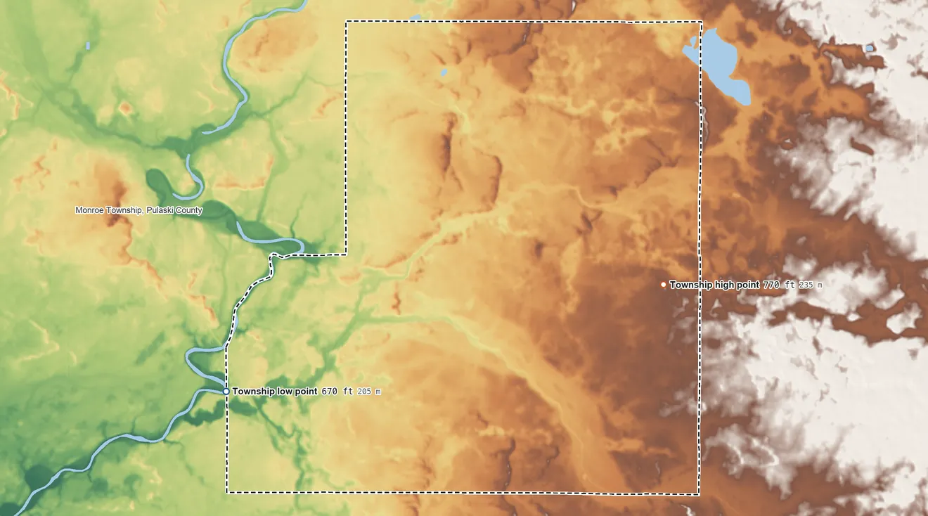 Topographic elevation map of Harrison Township, Pulaski County, Indiana, shaded from 670 ft on the southwest side to 770 ft on the east side