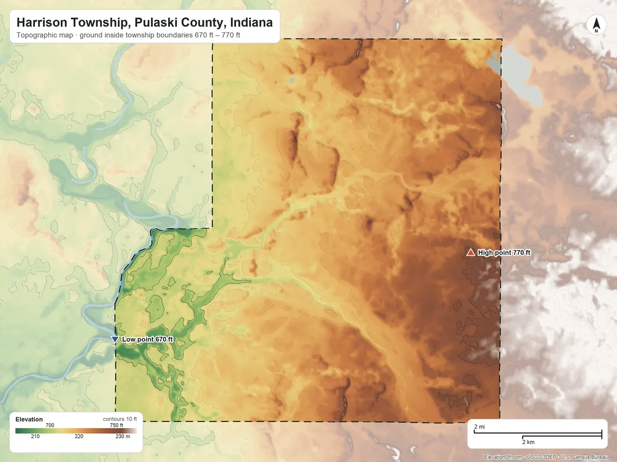 Topographic elevation map of Harrison Township, Pulaski County, Indiana, shaded from 670 ft on the southwest side to 770 ft on the east side