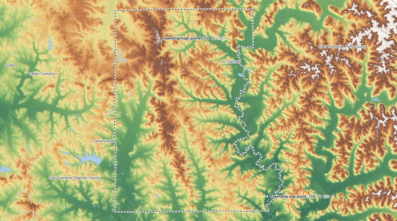 Topographic elevation map of Harrison Township, Spencer County, Indiana, shaded from 390 ft on the southeast side to 660 ft on the northwest side